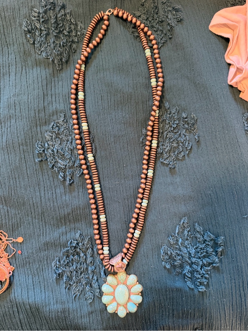 Beaded Turquoise Floral Pendant Necklace - Women Jewelry